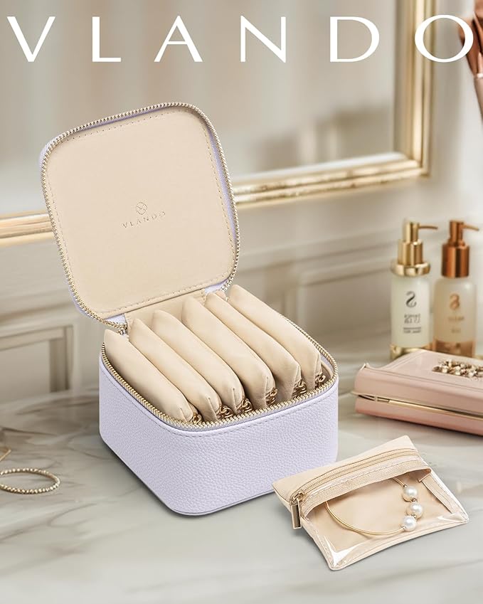 Vlando Travel Jewelry Case Organizer, Small Jewelry Box with 6 Velvet Jewelry Zipper Bags,Christmas Gifts for Women Girls Friends-Purple