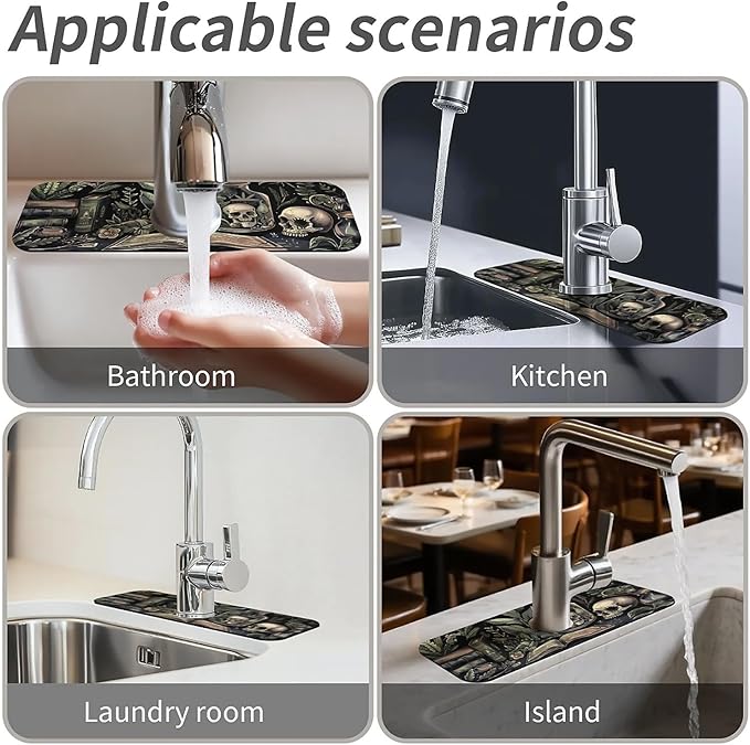 Kitchen Sink Splash Guard，Books and skulls Faucet Mat Sink Gadgets-Super Absorbent Fast Drying Mat Drip Catcher for Kitchen, Bathroom,Sink Mat, Dish Drying Mat, Bathroom(15" X 5.5" )