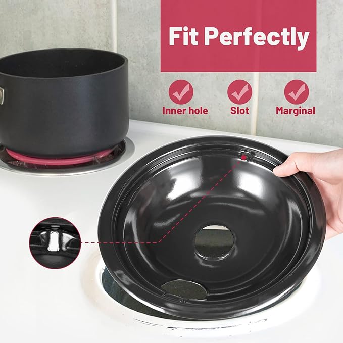 GE Black Stove Drip Pans, 10% Energy Save by Enamel Spraying Prevent Bending and Rust - Include 2 6'' Burner Drip Pans and 2 8'' Drip Bowl