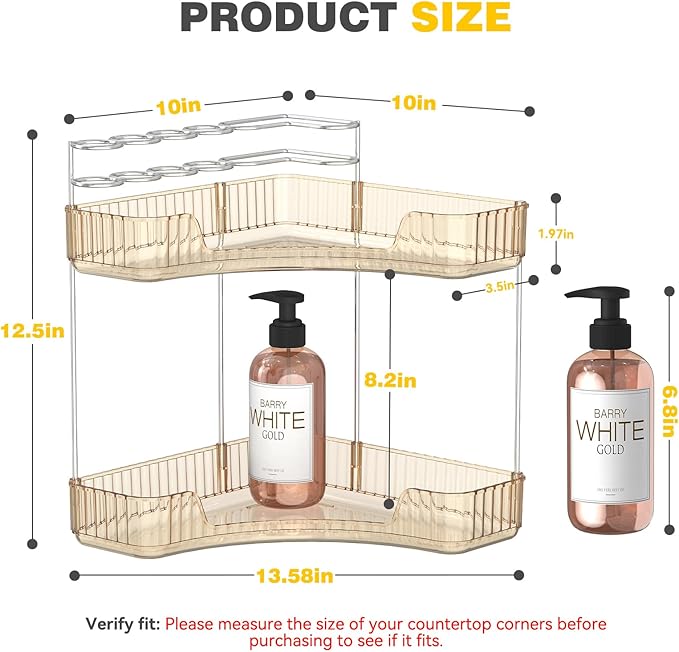 2-Tier Corner Bathroom Counter Organizer with Top Toothbrush Holders,Large Makeup Organizer Countertop with Brush Holder,Skincare Organizers Corner,Exquisite Vanity Organizer (Gold, 2 Tier)
