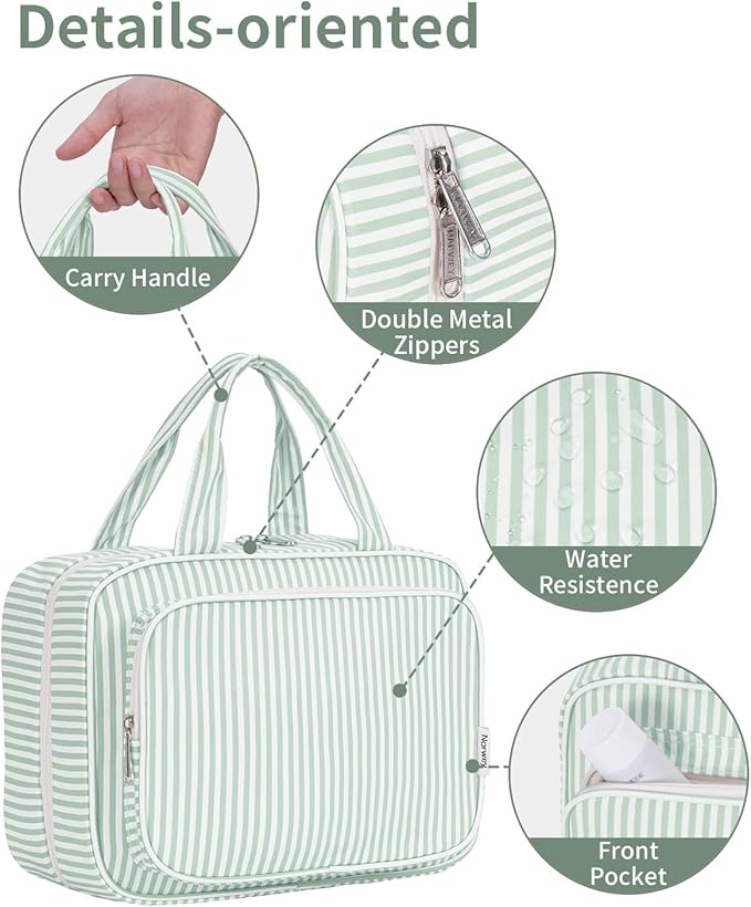 Narwey Striped Travel Toiletry Bag for Women Large Hanging Makeup Bag Organizer Toiletries Bag for Full Size Essentials Accessories Cosmetics (Mint Green Stripe (Large))