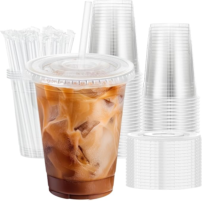 Lamosi 16 OZ Clear Plastic Cups with Lids and Straws 50 Pack, Disposable Iced Coffee Cups with Lids for To-Go Cold Drinks, Smoothies and Slushie