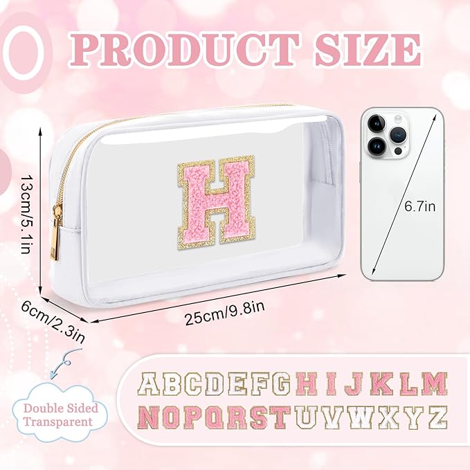 Small Clear Personalized Initial Makeup Bag,Nylon Preppy A-Z Chenille Letter Patch Cosmetic Pouch Beach Toiletry Bag,Waterproof Zipper Travel Purse Storage Bag Organizer for Women Girls(White-Pink H)