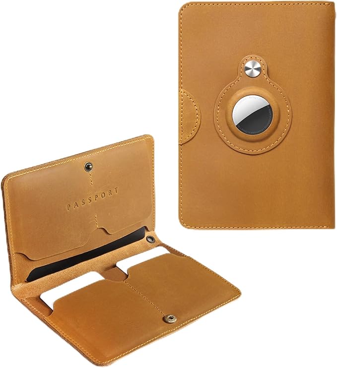 Leather Passport Holder for Travel Women Man, Button Closure Passport Wallet with Airtag Slot, Passport Cover for a Passport Book, Travel Essential & Gift
