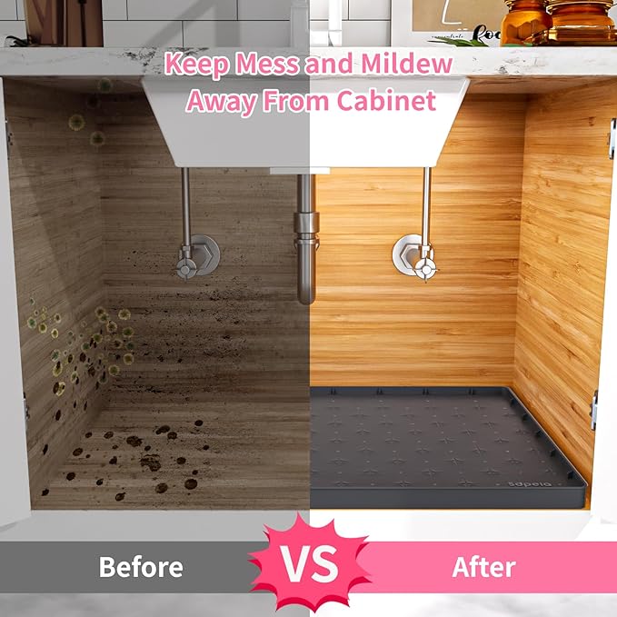 Sdpeia Under Sink Mat 22"×14" Waterproof Silicone Cabinet Liner & Sink Protector for Kitchen & Bathroom, Multi-Purpose Organizers Tray for Pets, Laundry, Cat Litter Mat, Black