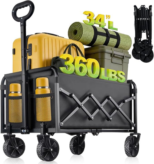 360LBS Collapsible Foldable Wagon Carts - Heavy Duty Portable Folding Utility Wagons with All-Terrain Wheels for Grocery Sports Shopping Camping Garden Beach, 2 Drink Holders/Lightweight/Black