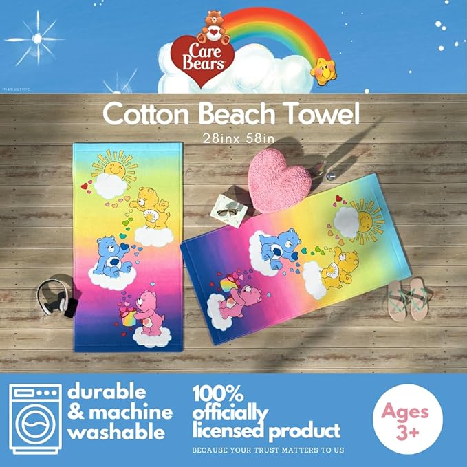 Care Bears Rainbow Kids Super Soft Cotton Bath/Pool/Beach Towel, 58 in x 28 in, (Offical Licensed Product) by Franco