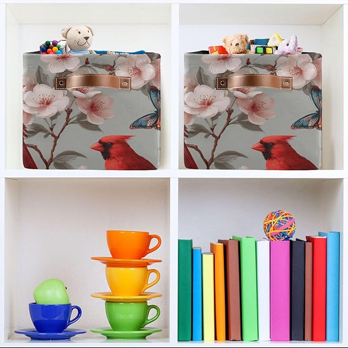 Aslsiy Storage Basket Cardinal Blooming Cherry Nursery Bins Butterfly Baby Box Canvas Clothes Shelf Basket Laundry Hamper Gift Basket for Home Closet 1 Pcs