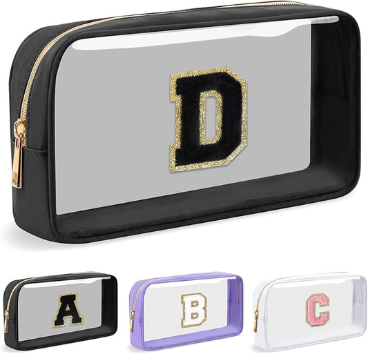 Personalized Initial Letter Clear Makeup Bag, Preppy Small Nylon & PVC Cosmetic Zipper Bag with Chenille Letter, Travel Skincare Toiletry Bag, Monogram Christmas Gift for Teen Girls Women, D