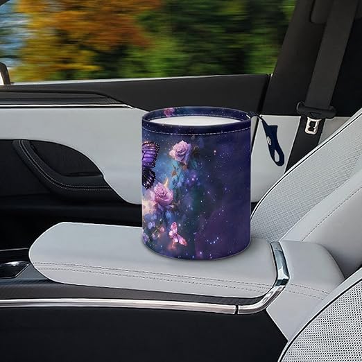 gearider Butterfly Car Garbage Can Small Trash Can with Leak Proof Inside Liner and Hanging Strap Moon Waste Basket Purple Car Garbage Accessory