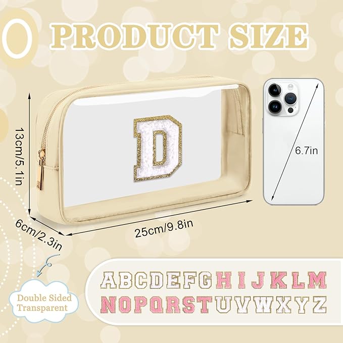 Small Clear Personalized Initial Makeup Bag,Nylon Preppy A-Z Chenille Letter Patch Cosmetic Pouch Beach Toiletry Bag,Waterproof Zipper Travel Purse Storage Bag Organizer for Women Girls(Beige-White D)