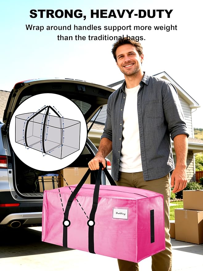 HOMESURE Supports 200lbs Heavy Duty Moving Bags - Strong Zipper & Wrap-Around Handles - Water-Resistant Storage Totes, Durable Alternative to Moving Boxes - 8 Pack - Pink