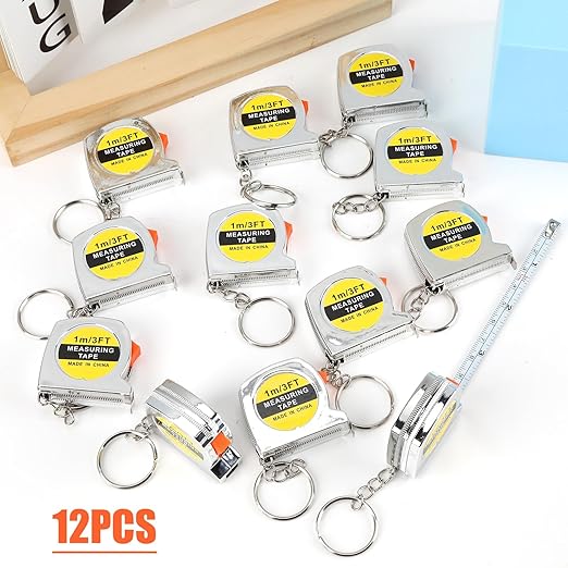 12 Pack 3ft Mini Tape Measure Keychain, Sliver Portable Retractable Small Tape Measure with Slide Lock, Construction Party Favors for Prize Bag Filler DIY Projects School Office Home Project Daily Use