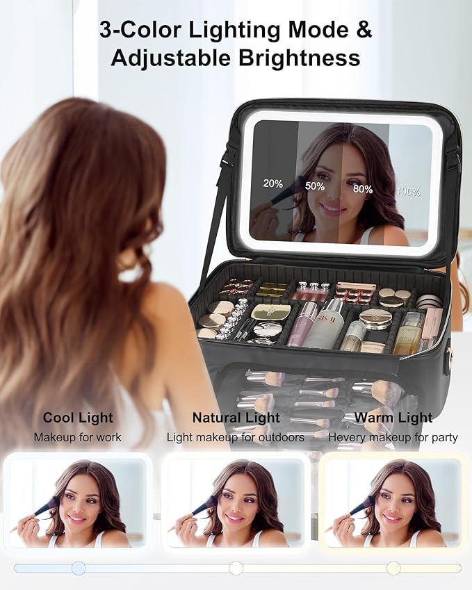 Relavel Large Makeup Case With LED Mirror, 16.2" Cosmetic Vanity Case with 3 Lighting Modes and Adjustable Brightness, Professional Travel Makeup Organizer for Makeup Artist with Strap, Black