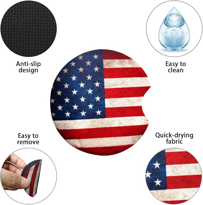 2 Pack Car Coasters for Drinks Absorbent - 2.75 Inch Cute Car Cup Holder Coasters for Women, Removable Cup Holder Coaster for Your Car, Car Interior Accessories for Women & Girls (Red Flag)