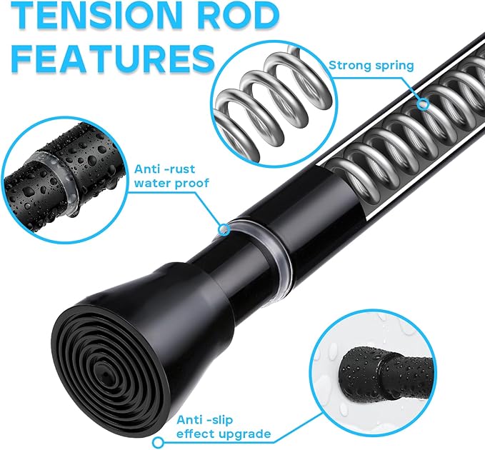 2PCS Spring Tension Curtain Rod 28 To 48 Inch Adjustable Expandable Black Tension Rod 7/8" Shower Curtain Rods No Drilling Spring Loaded Curtain Rod for Windows Bathroom Closet Bedroom Doorway Door