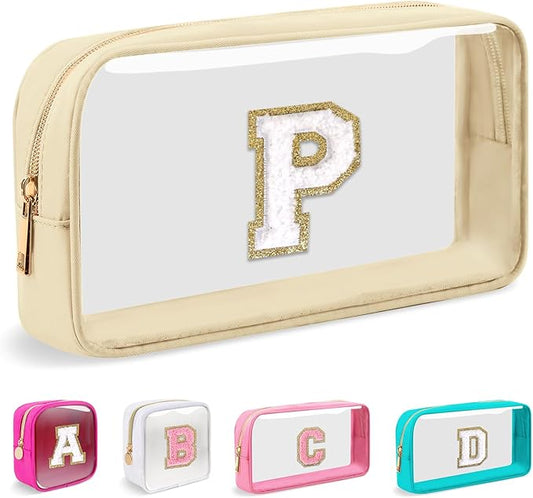 Small Clear Personalized Initial Makeup Bag, Preppy Nylon A-Z Chenille Letter Patch Makeup Organizer TSA Approved Travel Toiletry Bag,Waterproof Zip Beach Cosmetic Pouch Purse for Women(Beige-White P)