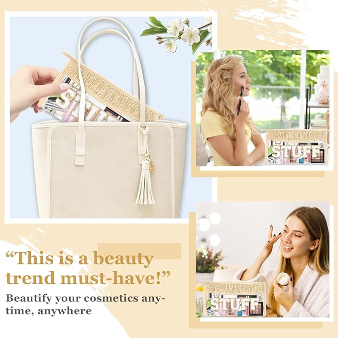 Boho Clear Makeup Letter Patch Makeup Bag STUFF Pouch, Clear Toiletry Bags Travel Small Cute Stadium Chenille Letter Cosmetic Zipper Pouch Purse, Waterproof Glitter Makeup Organizer for Women (STUFF)
