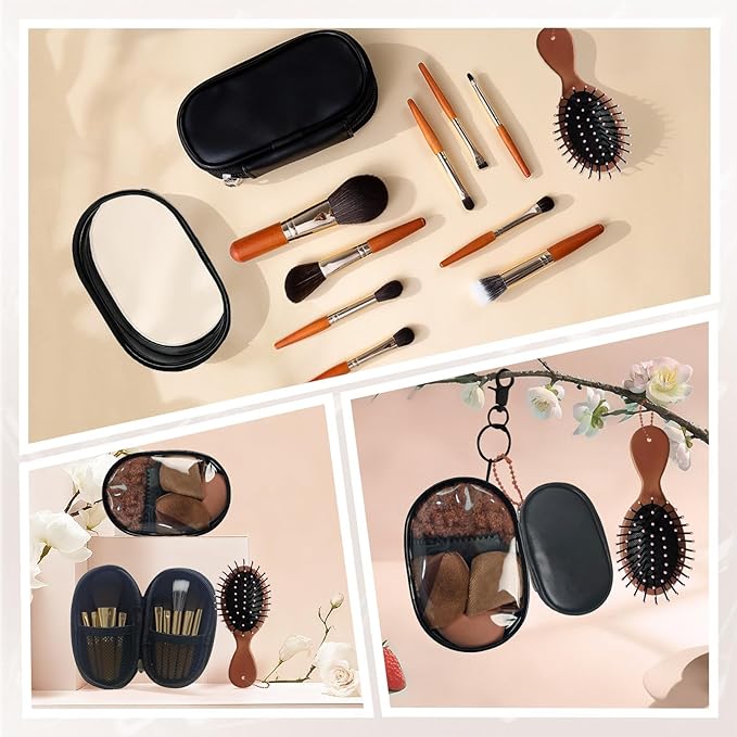 Travel Makeup Brush Set, 77Pcs Mini Makeup Kit Synthetic Foundation Concealers Eye Shadows Brushes Powder Puff with Eyelash Curler Eyebrow Razor Comb Mirror Hair Clips Cosmetic Bag (Brown)