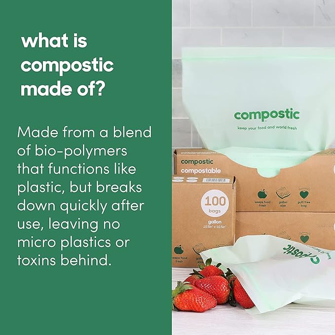 Compostic Home Compostable Resealable Sandwich Bags, Microwave & Freezer Safe, Organic Food Storage Container, 60 Count