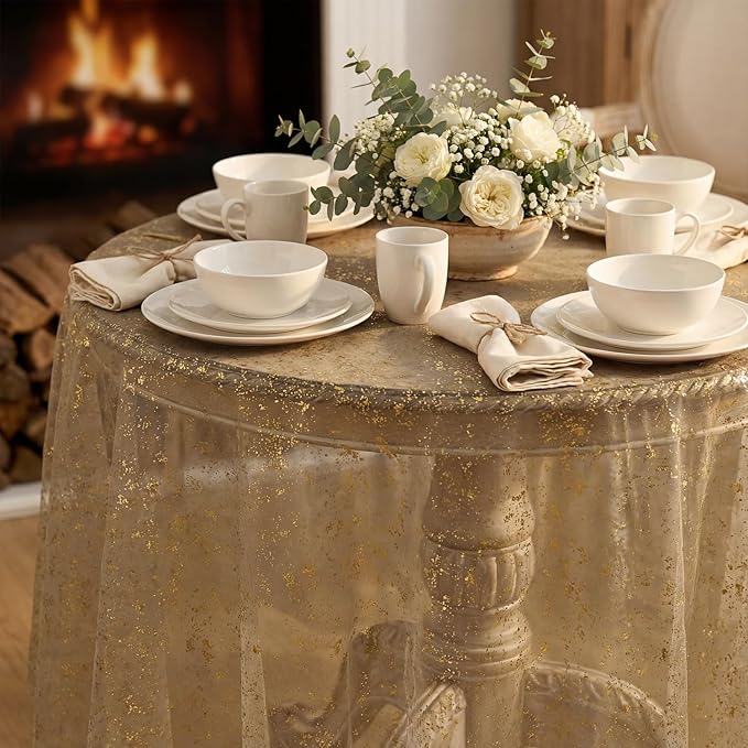 Horaldaily Coffee Gold Gauze Tablecloth 60x60 Inch Round, Golden Sequin Glitter Metallic Foil, Sheer Tulle Cheesecloth for Wedding Baby Shower Ceremony Birthday