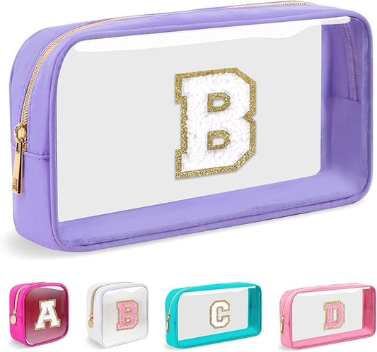 Small Clear Personalized Initial Makeup Bag,Nylon Preppy A-Z Chenille Letter Patch Cosmetic Pouch Beach Toiletry Bag,Waterproof Zip Travel Purse Storage Bag Organizer for Women Girls(Purple-White B)