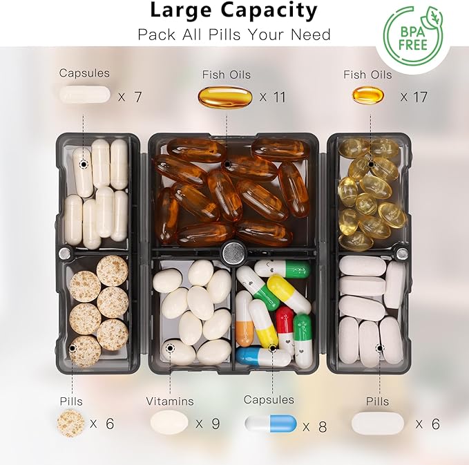 FYY Daily Pill Organizer, 7 Compartments Portable Pill Case Travel Pill Organizer,[Folding Design] Pill Box for Purse Pocket to Hold Vitamins,Cod Liver Oil,Supplements and Medication-Clear Black