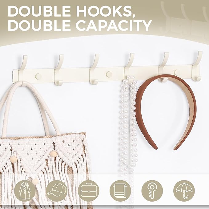 Coat Rack Wall Mount, 2 Pack Coat Hooks Hanger Wall Double Hook Rack Rail Towel Hat Rack Entryway Bathroom Hanger Organizer for Robes, Clothes, Bags, Hat(White)