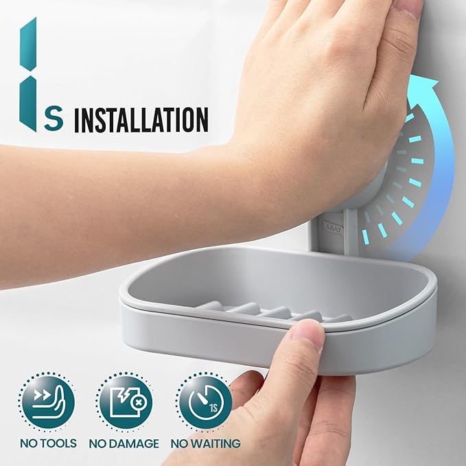 TAILI Soap Dish Bar Holder Suction Cup, SoapSaver with Powerful Vacuum Suction, Sponge Holder for Shower, Bathroom, Tub and Kitchen Sink, Universal Shower Accessories, Drill-Free, Removable, 2 Pack, Grey