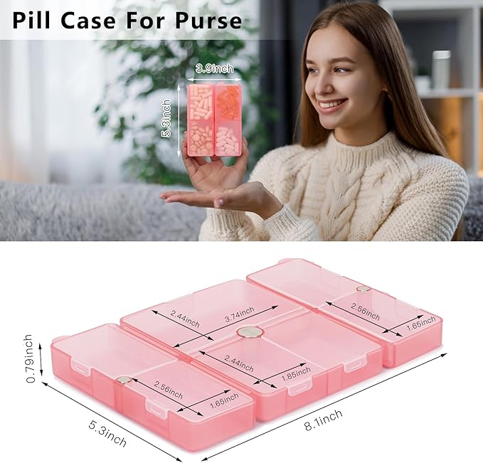 FYY Daily Pill Organizer,7 Compartments Portable Pill Case Travel Pill Organizer,[Folding Design] Large Pill Box for Purse Pocket to Hold Vitamins,Cod Liver Oil,Supplements and Medication-Clear Red