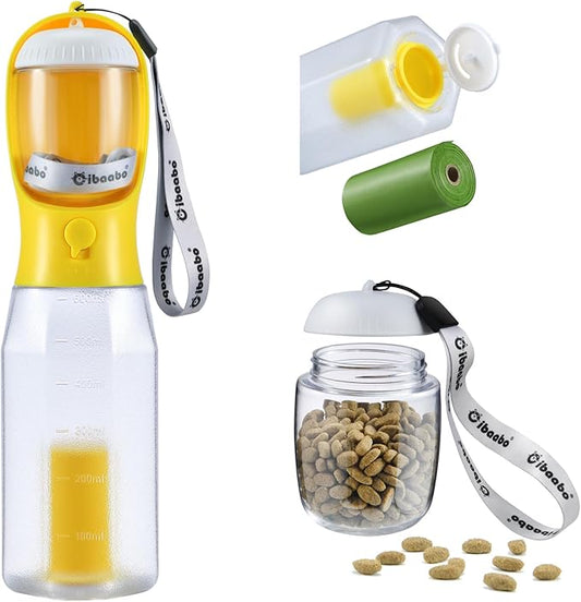 Dog Water Bottle with Food Container & Poop Bag Holder, Travel Water Bowl, Portable Pet Dispenser, Dog Gifts Stuff Accessories Items, Puppy Essentials for Yorkie Chihuahua Walking Hiking