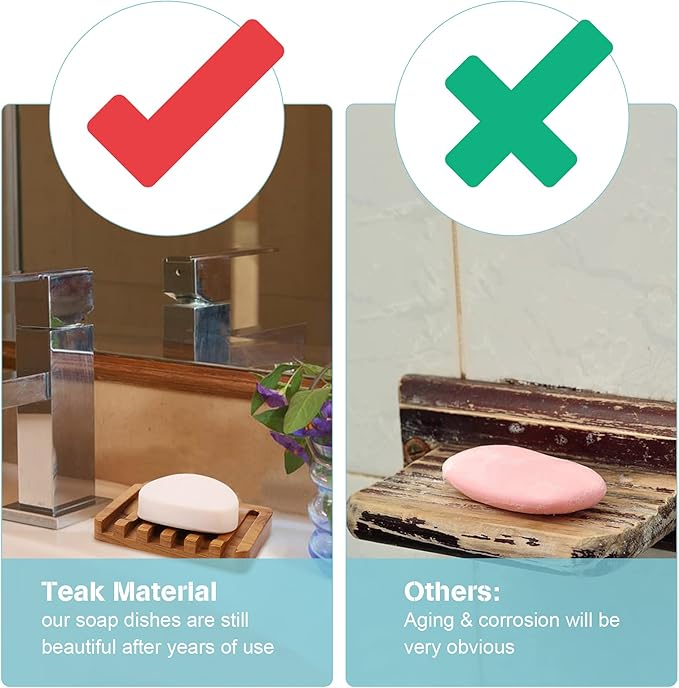 2PCS Self Draining Soap Dishes by HTB, Teak Wood Soap Holder, Soap Saver for Shower, Bathroom, Bath Tub, Kitchen Sponges, Easy Dry Extend Soap Life