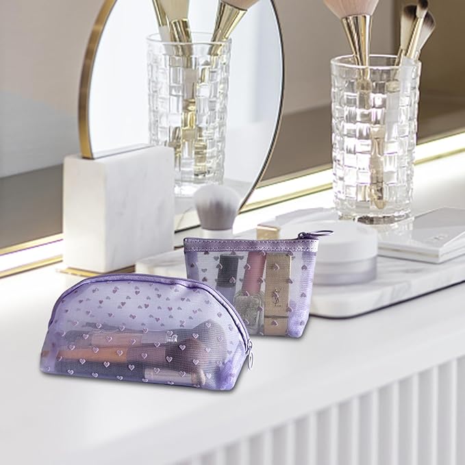 5-Piece Heart Printed Mesh Makeup Bag Set, Portable Travel Cosmetic Bags Toiletry Bags Purse Bags Makeup Bags Zipper Mesh Storage Pouches for Home Offices Travel Accessories (Purple)