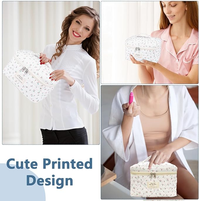 Large Travel Quilted Makeup Bag for Women,Big Floral Cotton Cosmetic Bag, Cute Coquette Aesthetic Floral Toiletry Organizer Bag (White Cherry)