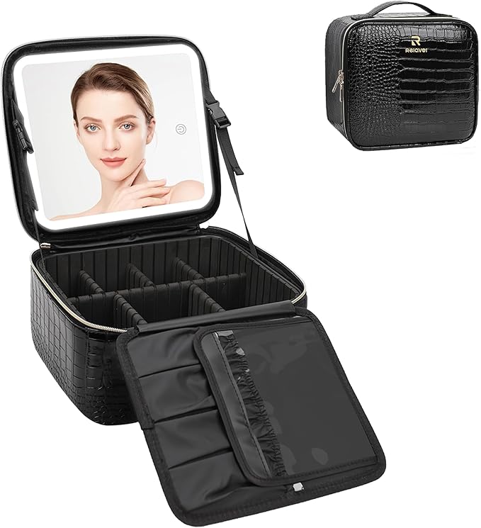 Relavel Makeup Train Case With LED Mirror, Professional Travel Cosmetic Bag with Removable Partitions, Compact Makeup Organizer, Waterproof Toiletry Case for Women, Black