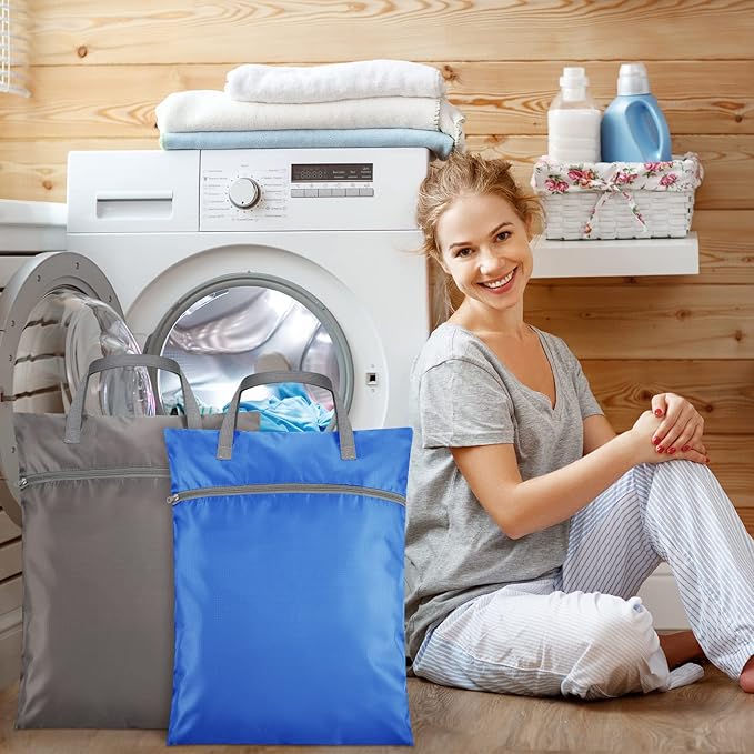 2 Pcs Travel Laundry Bags Waterproof with Handle Dirty Clothes Bag for Traveling Hanging Laundry Hamper with Two Zippered Pockets Washable Reusable for Sports Home Travel College Dorm (Blue, Gray)