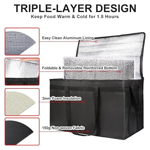 1-Pack Insulated Food Delivery Bag with Hard Bottom, XXX-Large Commercial Food Warmers for Delivery Drivers, Insulated Reusable Grocery Cooler/Hot Bags, Tote Bag for Shopping/Travel, Black