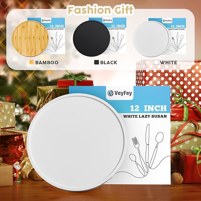 White Lazy Susan for Table, 12 Inch Non-Skid Bamboo Turntable Organizer for Salt Pepper Spices and Olive Oil Next to Stove, Wooden Lazy Susan Organizer for Kitchen Countertop Organizer