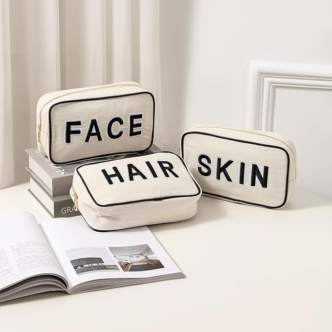 uekeboag 3Pcs Canvas Chenille Letter Makeup Bag Set, Small Travel Washable Organizer Bag for Purse with Zipper, Cute Personalized Gift Pouch For Women and Girls(Hair Skin Face)