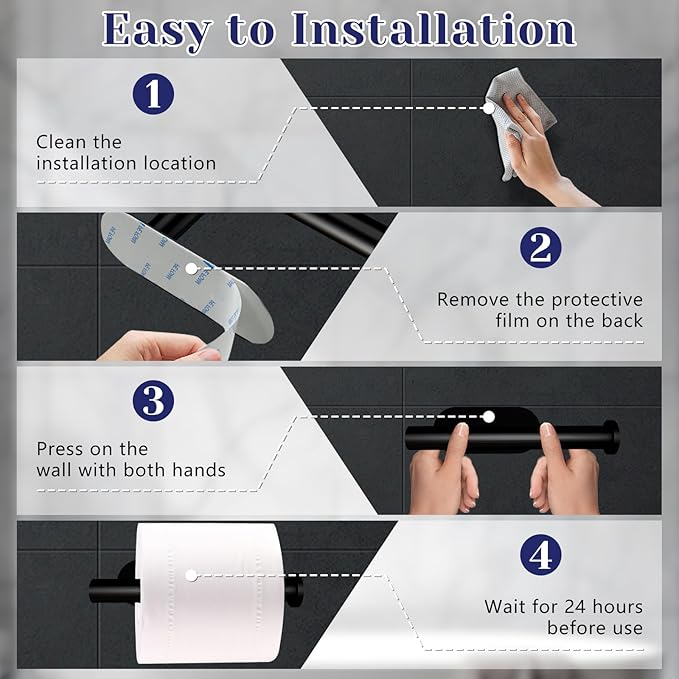 Toilet Paper Holder, Stainless Steel & No Drilling Black Toilet Paper Holder Wall Mount, Waterproof Self Adhesive Toilet Paper Holders for Bathroom, Kitchen, Washroom