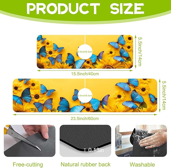 Kitchen Sink Splash Guard Faucet Mat Super Absorbent Fast Drying Mat Guard Behind Faucet Drip Catcher for Kitchen Bathroom (Sunflowers and Blue Butterflies, 23.5"X5.5")