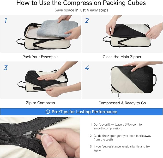 LUGGEX 6 Set Compression Packing Cubes for Travel, POX01 Luggage Organizers Bags, Suitcase Organizer with Shoe Bag Travel Accessories Essentials for Carry on & Checked (POX-En, Beige)