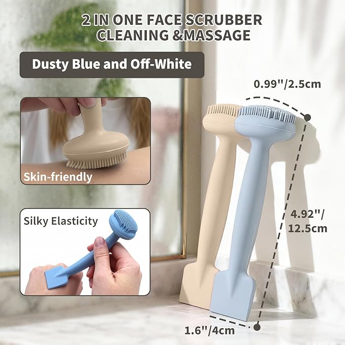 2 Pack Silicone Face Scrubber,2 in 1 Facial Cleansing Brush & Face Mask Applicator, Face Exfoliator Scrubber Waterproof Home Spa Facial Brush for Sensitive Skin (Dusty Blue and Off-White)