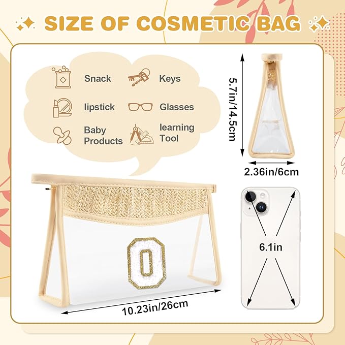 Personalized Initial Letter Bag Boho Straw Clear Makeup Bag, Small Cute Chenille Varsity Letter Pouch With Zipper, Beach Travel Toiletry, Portable Monogrammed Cosmetic Bag for Women Girls, O
