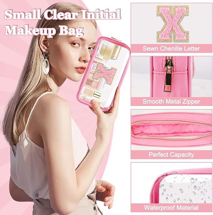 Small Clear Personalized Initial Makeup Bag, Preppy A-Z Chenille Letter Patch Cosmetic Bag, Cute Transparent Nylon Waterproof Zipper Beach Varsity Letter Pouch, Gift for Women Girls(Pink-Pink X)