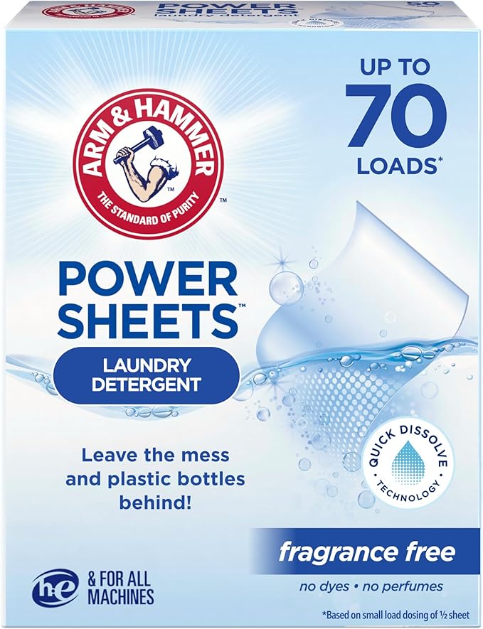 ARM & HAMMER Power Sheets Laundry Detergent, Fragrance Free, No Dyes or Perfumes, Lightweight and Travel-Friendly, 35 Count, Up to 70 Small Loads
