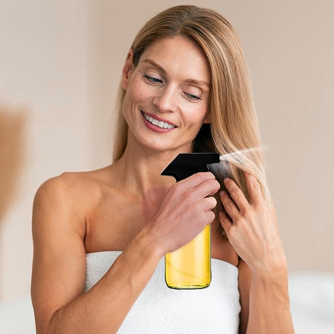 Fumete 2 Pack Glass Bottles 4oz Empty Refillable Liquid Containers with 1 Label 1 Funnel for Essential Oils Hair Travel Plants Cleaning Skin Care(Clear, Black Top,Spray Bottle)