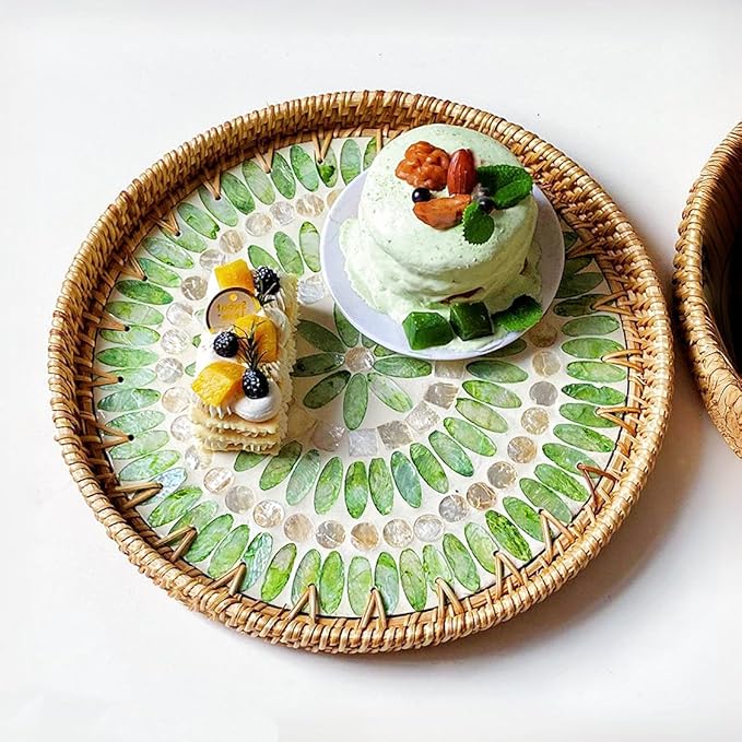 Handmade Round Rattan Tray with Mother of Pearl Inlay, Rattan Service Tray with Wooden Base, Table Decoration with Wicker Baskets, Storage and Display of Bread,Fruit,Desserts (Green Grape)