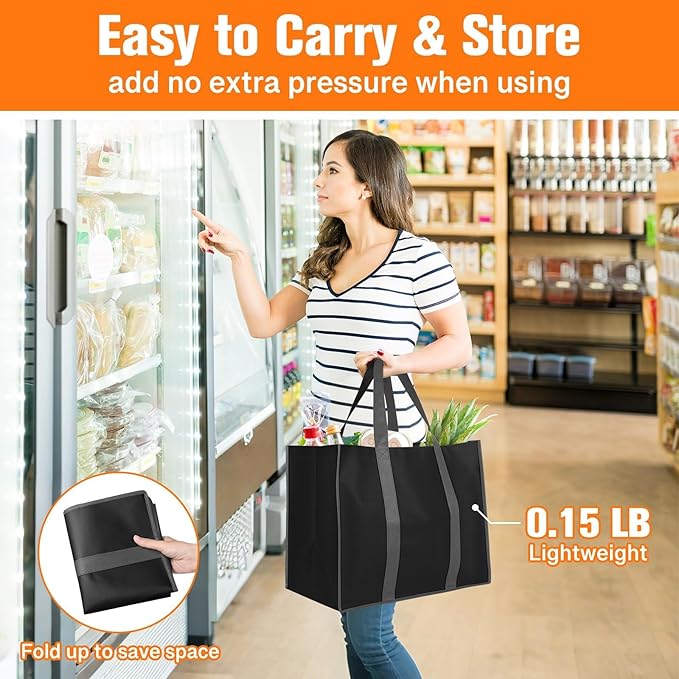 WISELIFE Reusable Grocery Bags with Handles - 4 Pack, 35L Large Shopping Bags for Groceries, Water-Resistant & Foldable Grocery Totes for Lasting Use for Kitchen, Market, Car Trunk, Picnic (Black)