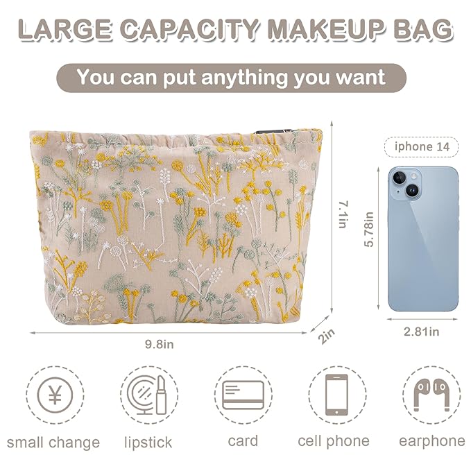ZLFSRQ Silk Flower Makeup Bag Travel Cute Cosmetic Bags for Women Large Toiletry Pouch Zipper Cosmetic Pouch for Purse Aesthetic Makeup Organizer Bag Portable Toiletry Bags